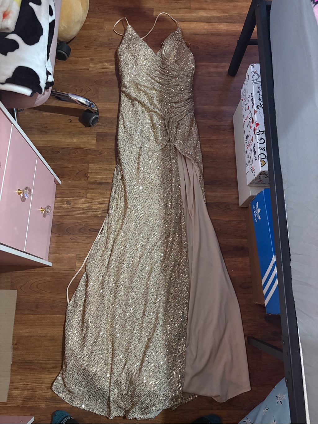 Gold Sequin Spaghetti-Strap Prom Dress With Side Drape